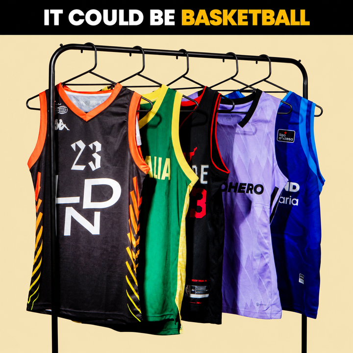 It could be basketball: real basketball jerseys on a rail, including London Lions and Australia