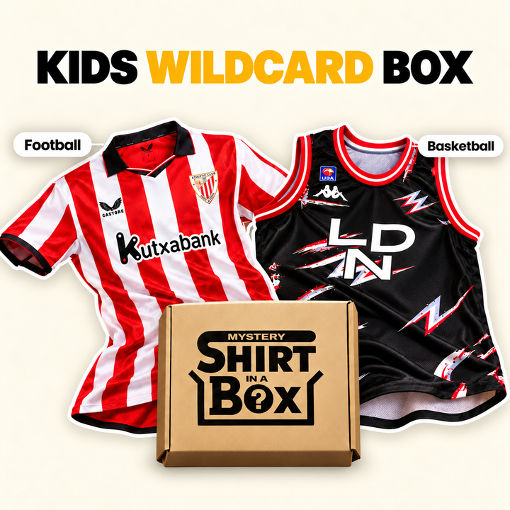 Kids Wildcard Box: a football shirt and a basketball shirt with a Mystery Shirt in a Box