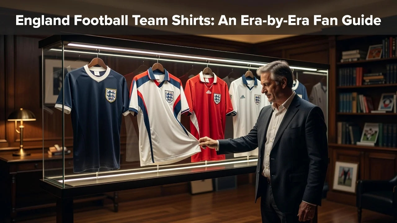 Professional header image for list-based article: England Football Team Shirts: An Era-by-Era Fan Guide
