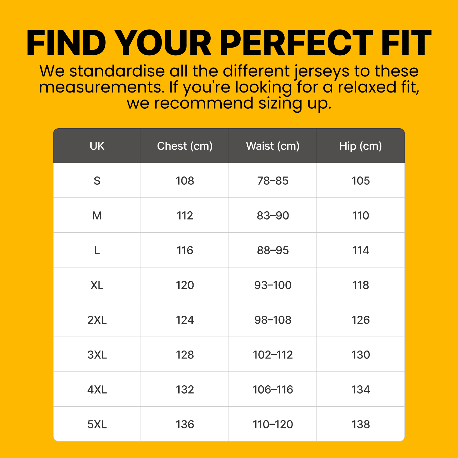 Find your perfect fit: adult sizes S to 5XL, standardised to fit like a normal top