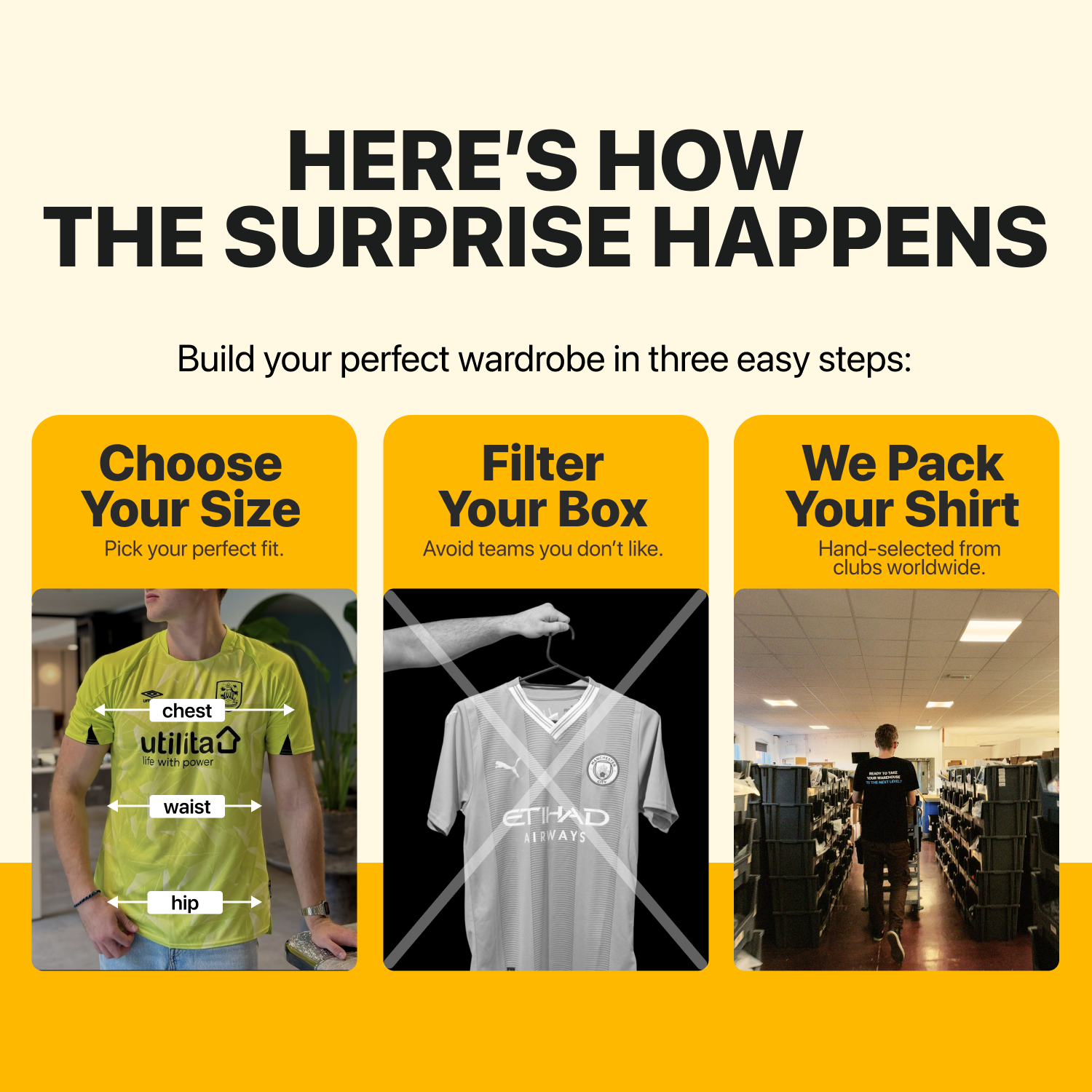How the Mystery Football Shirt box works: choose your size, curate your box to avoid teams you don't want, and we hand-pick your shirt