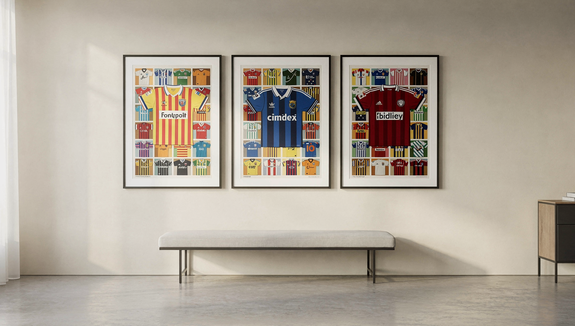 Gallery wall of framed football kit history prints, lifestyle photography